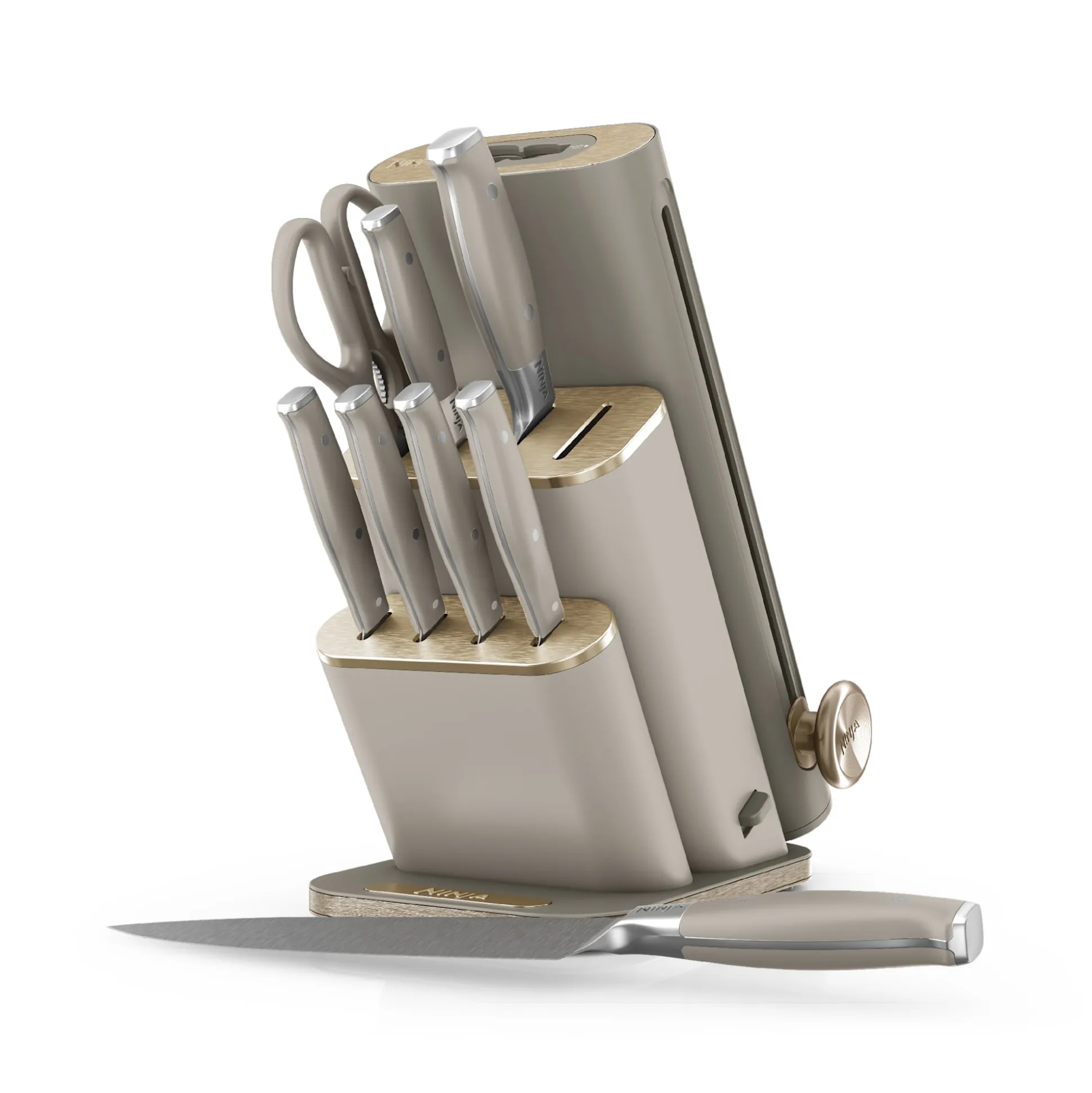 Ninja NeverDull® 10-Piece German Steel Knife Set with Removeable Sharpener in Stone & Gold